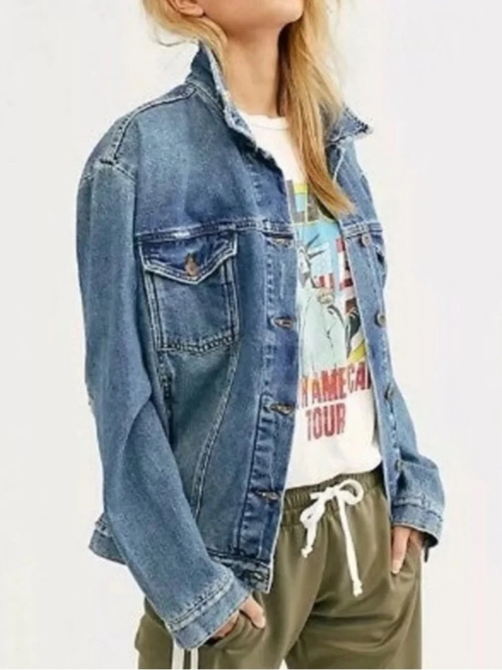 Free People Ramona Oversized Denim Trucker Jean Blue Distressed Small - Picture 1 of 11